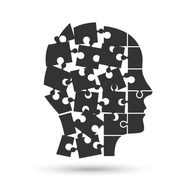 Head made of puzzle falling apart Head profile silhouette made of jigsaw puzzle pieces falling apart. Mental health concept. puzzle silhouettes stock illustrations