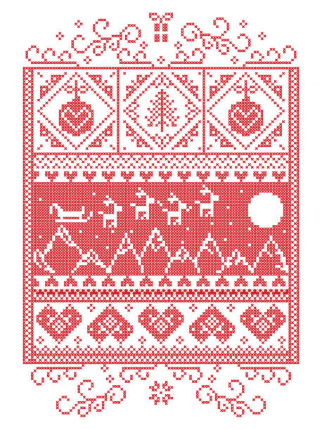 Elegant Christmas Scandinavian, Nordic style winter stitching, pattern including snowflake, heart,  reindeer, mountain, moon, Christmas tree, gift, bubble, snow, robin, snowflake, star in red, white Elegant Christmas Scandinavian, Nordic style winter stitching, pattern including snowflake, heart,  reindeer, mountain, moon, Christmas tree, gift, bubble, snow, robin, snowflake, star in red, white winter wonderland london stock illustrations