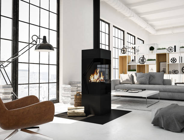 istock 3d rendering. living room with fireplace in modern loft apartment. 865782012