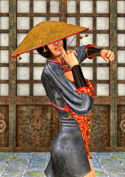 3D digital render of a beautiful Asian battle woman on a traditional temple background