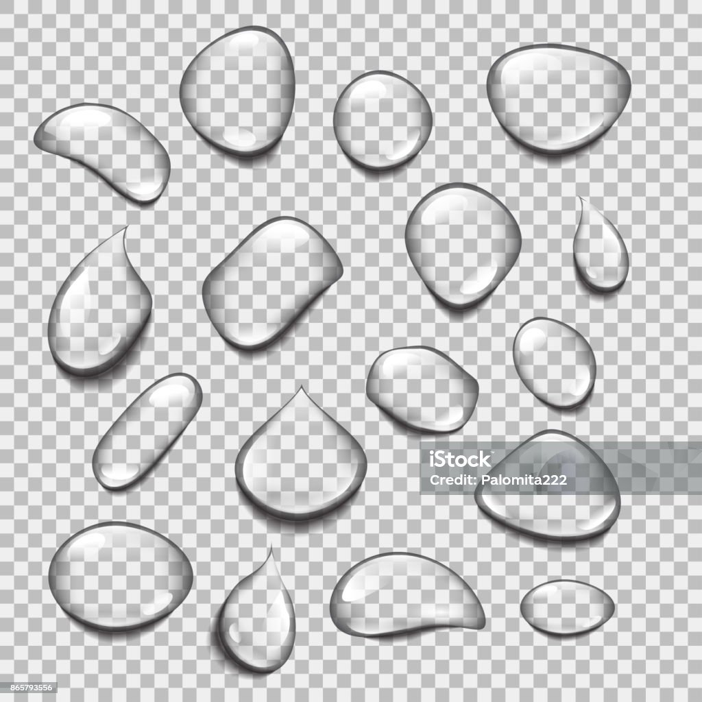 Set of transparent drops of different shapes Set of transparent drops of different shapes. Realistic pure water drops vector. Illustration for any background. Water stock vector