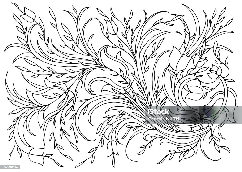 Coloring page with flowers and plants Background with flowers and plants. Black and white doodle vector illustration. Coloring book for adult and older children. Coloring page. Outline drawing. Abstract stock vector