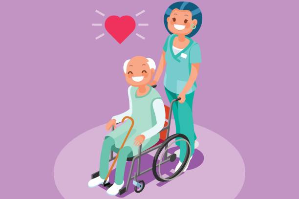 illustrazioni stock, clip art, cartoni animati e icone di tendenza di vettore persone isometriche della comunità pensionistica - senior adult wheelchair community family