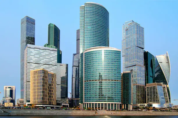 Moscow City international business center in Moscow view from the Taras Shevchenko embankment.
