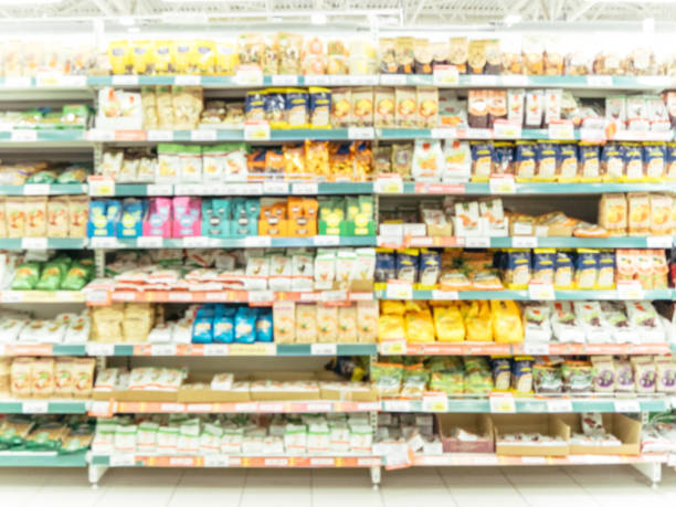 istock Blurred colorful supermarket products on shelves 865808616