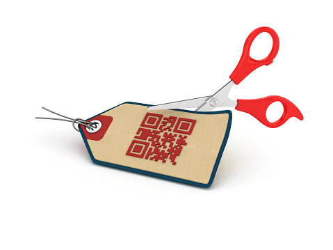 QR Code Shopping Tag with Scissors - White Background - 3D Rendering