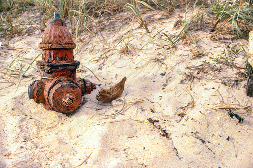 A rusted old red fire hydrant, buried in sand, near the dunes of the beach.