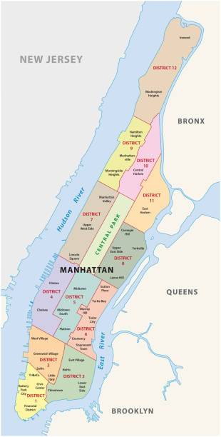 ilustraciones, imágenes clip art, dibujos animados e iconos de stock de ciudad de nueva york, mapa de distrito de manhattan - manhattan