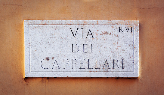 Via dei Cappellari street marble sign on the wall in Rome, Italy