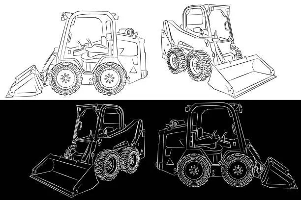 Vector illustration of Skid steer black and white line art drawing