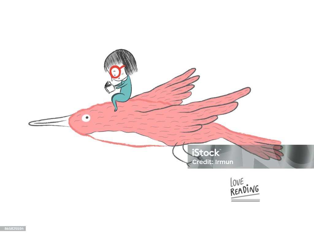 Little girl reading on a big bird, vector illustration Child stock vector