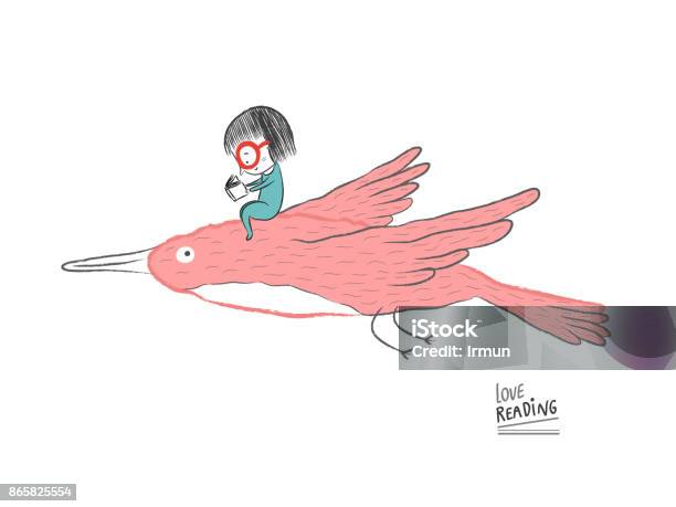 Little Girl Reading On A Big Bird Vector Illustration Stock Illustration - Download Image Now