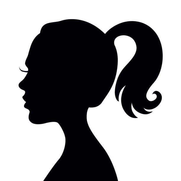 ilustraciones, imágenes clip art, dibujos animados e iconos de stock de vector negro silueta de perfil de mujer hermosa - ilustración de moda o belleza - cola de caballo