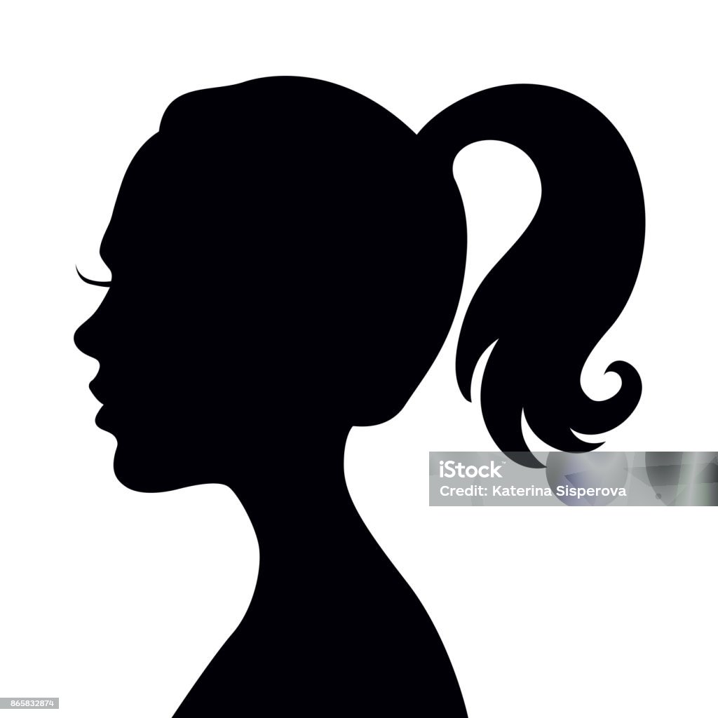 Vettore nero bella silhouette profilo donna - moda o illustrazione di bellezza - arte vettoriale royalty-free di Coda di cavallo
