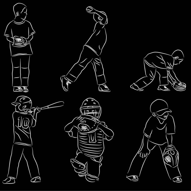 ilustraciones, imágenes clip art, dibujos animados e iconos de stock de posiciones béisbol línea liga juvenil de arte - baseball baseball player baseballs catching