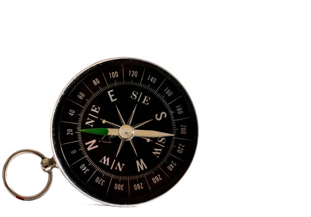 istock Isolated black navigation compass on a white background, hand pointing north 865847290