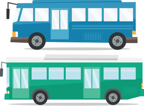 ilustraciones, imágenes clip art, dibujos animados e iconos de stock de vista lateral de la ciudad dos autobuses vector ilustración - shuttle bus vector isolated on white bus