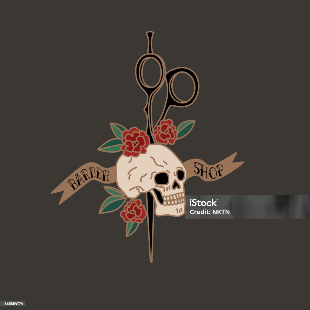 Print For Barbershop Hairdresser Beauty Salon Skull With Scissors Roses  Ribbon Vector Illustration Colorful Stock Illustration - Download Image Now  - iStock