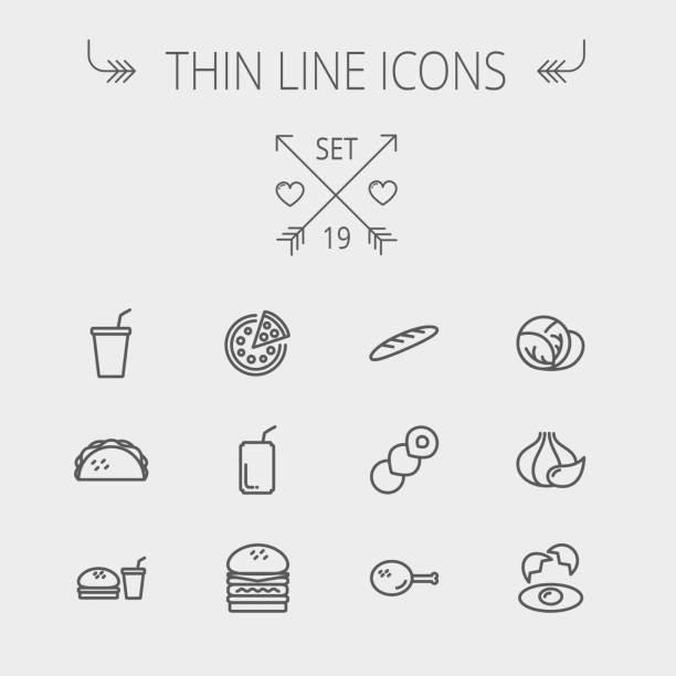 Food and drink thin line icon Food and drink thin line icon set for web and mobile. Set includes- onion, egg, chicken, meal set, soda, burger, taco icons. Modern minimalistic flat design. Vector dark grey icon on light grey background. pizza place stock illustrations