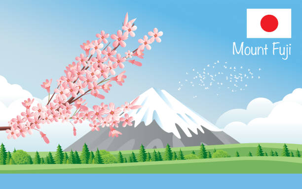 illustrazioni stock, clip art, cartoni animati e icone di tendenza di mountain fuji - volcano lake blue sky autumn