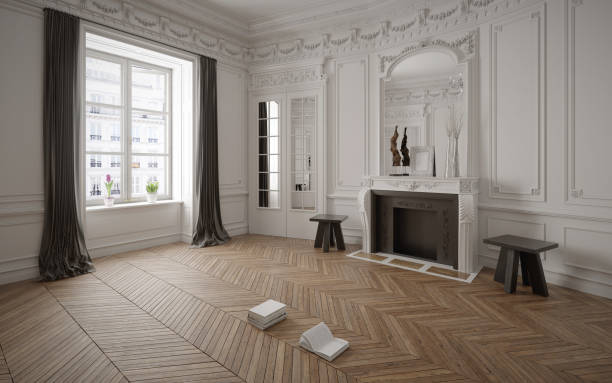 cuarto vacío estilo victoriano con chimenea - home decorating living room luxury fireplace fotografías e imágenes de stock