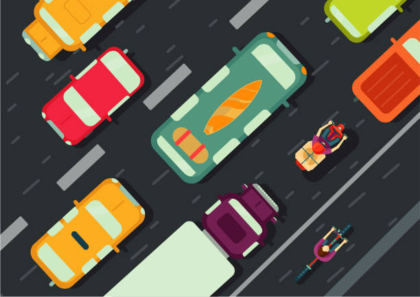 Road with cars top view. City traffic. Flat style illustration. Road traffic. Transportation top view. Cars on the highway. traffic illustrations stock illustrations