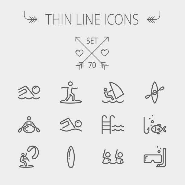Sports thin line icon set Sports thin line icon set for web and mobile. Set includes- wind surfing, pool, swimming, surfboarding, kayak, wind surf, snorkeling, fishing icons. Modern minimalistic flat design. Vector dark grey icon on light grey background. extreme sports stock illustrations