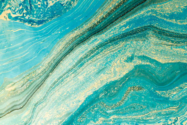 modern artwork with abstract marble painting.   mixed turquoise and yellow paints. unusual handmade background for poster, card, invitation. acrylic paints on water. horizontal image. - horizontal blue turquoise painted image imagens e fotografias de stock