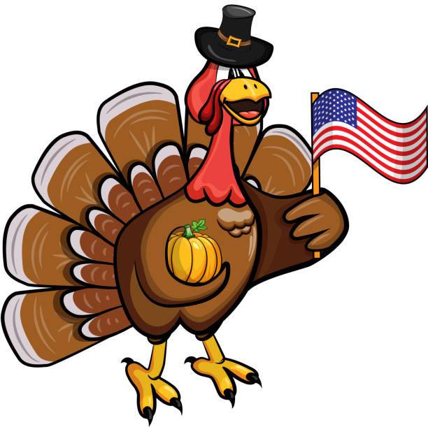 istock Cartoon turkey in a hat with a pumpkin and an American flag in his hands. Vector illustration 865867228