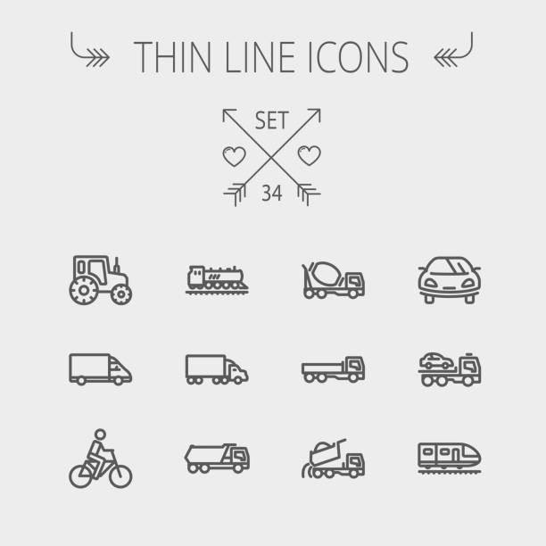 transport dünne linie-icon-set - delivering freedom shipping truck stock-grafiken, -clipart, -cartoons und -symbole