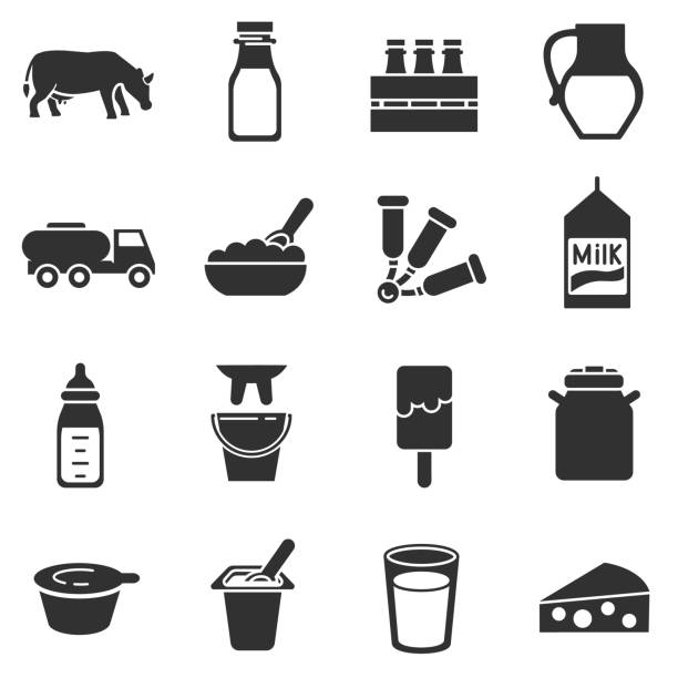 milch und milchprodukte stellen monochrome icons - milchprodukte stock-grafiken, -clipart, -cartoons und -symbole