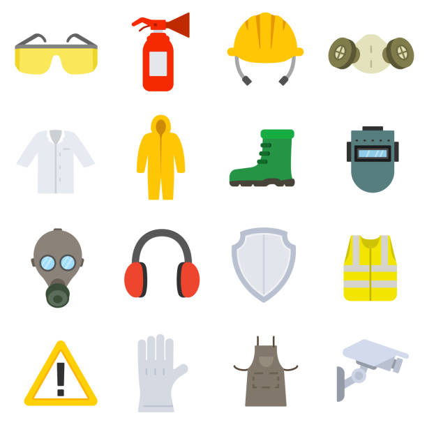 work safety icon set in flat style. means and methods of protection in the workplace protective eyewear stock illustrations