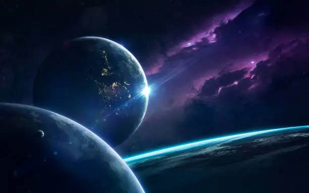 Science fiction space wallpaper, incredibly beautiful planets, galaxies, dark and cold beauty of endless universe. Elements of this image furnished by NASA