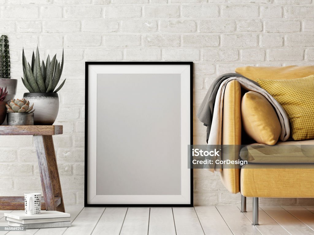 Simulacros de cartel, composición interior, sofá, silla de madera, flor blanco y negro poster - Foto de stock de Borde libre de derechos