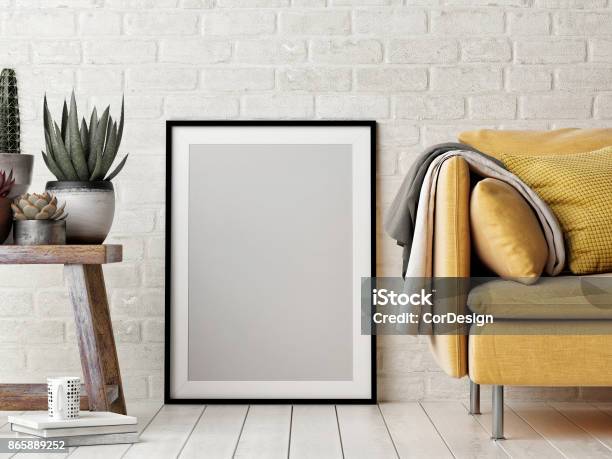 Mock Up Poster Interior Composition Sofa Wood Chair Flower And White Poster Stock Photo - Download Image Now