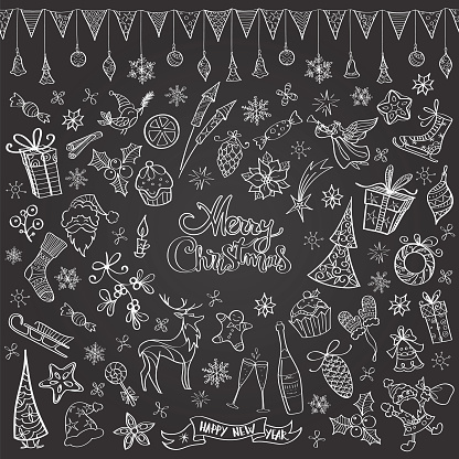 Set of vector illustration icons in black and white showing various christmas elements, with lettering 