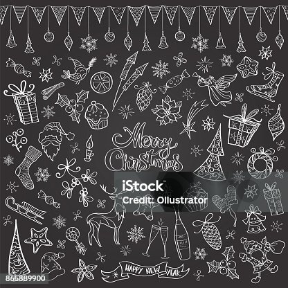 istock Hand drawn chalkboard christmas doodles 865889900
