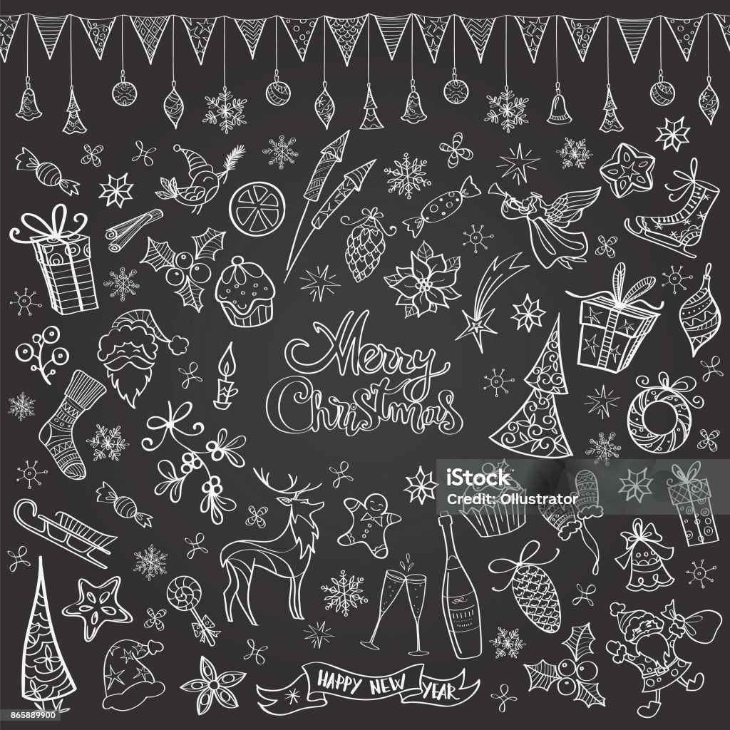 Hand drawn chalkboard christmas doodles Set of vector illustration icons in black and white showing various christmas elements, with lettering "merry christmas" in the middle. Flag garland is seamless. Christmas stock vector