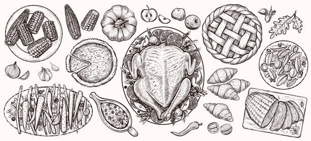 illustrations, cliparts, dessins animés et icônes de dîner de thanksgiving, vue de dessus. illustrations réalistes vecteur alimentaire. - roasted