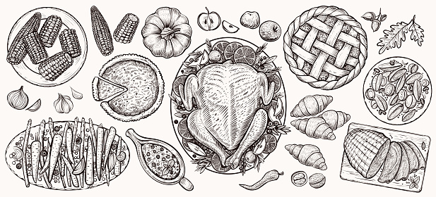 Thanksgiving dinner, top view. Food vector realistic illustrations for tradition festive menu. Decorated turkey, baked potatoes, fall seasonal vegetables, cranberry sauce, pumpkin pie, ham and corn.