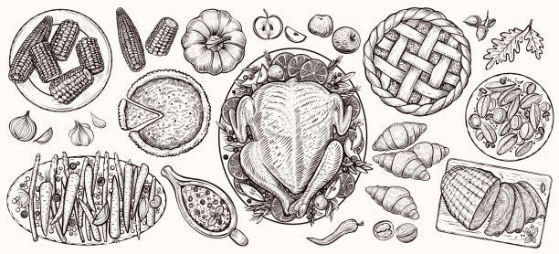 Thanksgiving dinner, top view. Food vector realistic illustrations. Thanksgiving dinner, top view. Food vector realistic illustrations for tradition festive menu. Decorated turkey, baked potatoes, fall seasonal vegetables, cranberry sauce, pumpkin pie, ham and corn. thanksgiving holiday drawings stock illustrations