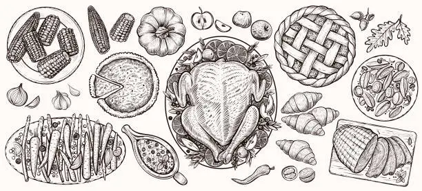 Vector illustration of Thanksgiving dinner, top view. Food vector realistic illustrations.