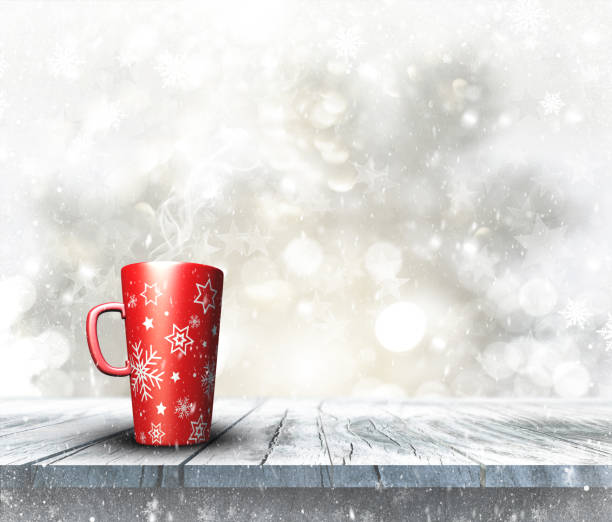 istock 3D festive mug on wooden table with Christmas background 865896662