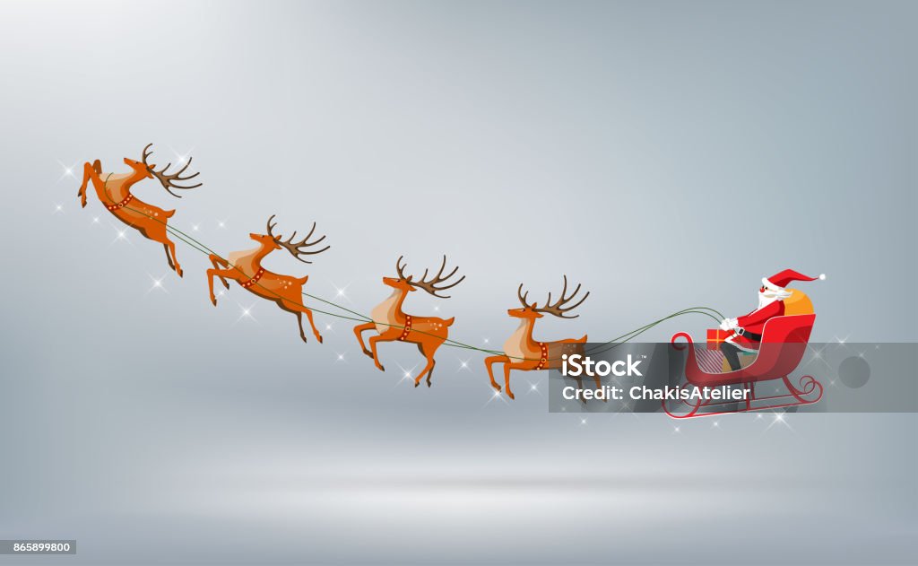 Buon Natale, Babbo Natale guida le renne di slitta isolate, illustrazione vettoriale - arte vettoriale royalty-free di Babbo Natale
