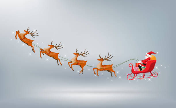 Merry Christmas, Santa Claus drives sleigh reindeer isolated, vector illustration Merry Christmas and Happy New Year, Santa Claus drives sleigh with reindeer isolated, flat cartoon style, vector illustration animal sleigh stock illustrations