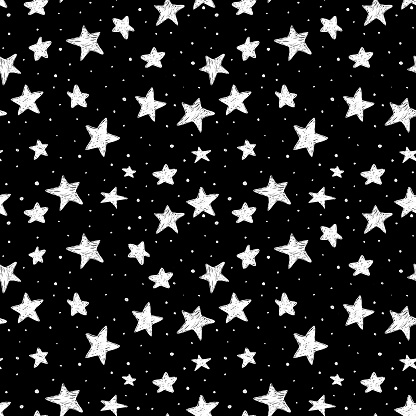 beautiful seamless pattern hand drawn doodle stars black and white isolated on background. night sky.