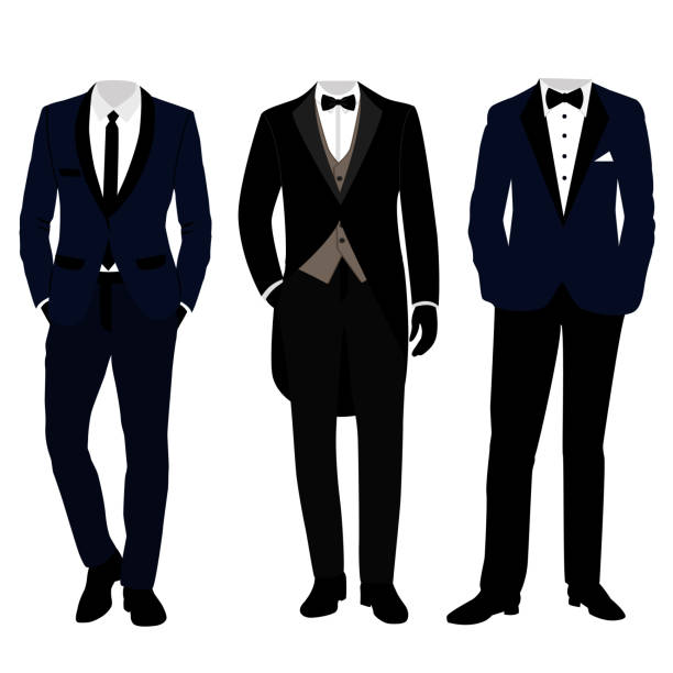 ilustraciones, imágenes clip art, dibujos animados e iconos de stock de de hombres traje y smoking de la boda. colección. - smoking man