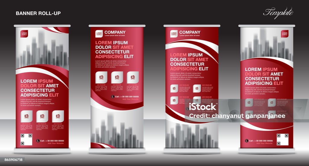 Red Roll up banner template vector, flyer, advertisement, x-banner, poster, pull up design, display, layout vector illustration Red stock vector