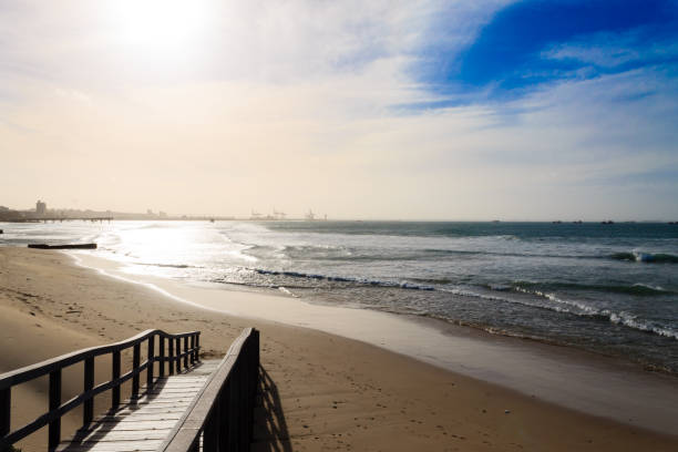 Port Elizabeth beach view, South Africa panorama. Indian ocean landscape. Waves and windsurf