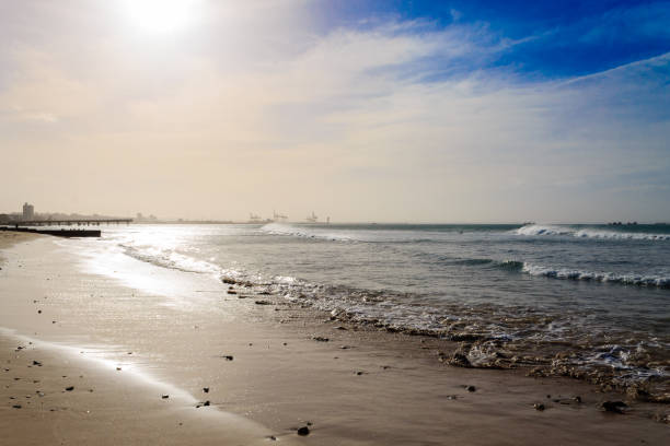 Port Elizabeth beach view, South Africa panorama. Indian ocean landscape. Waves and windsurf